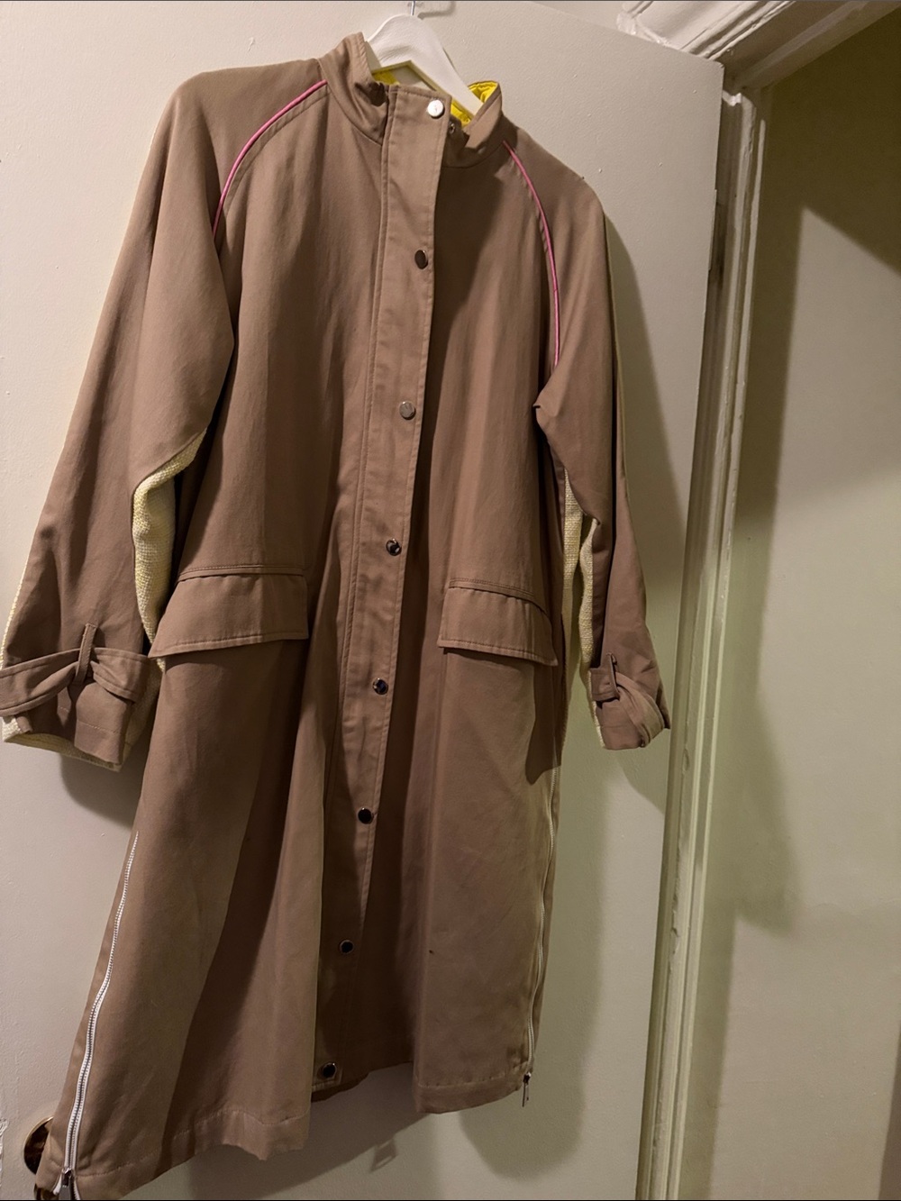 Colorblock Long Utility Coat Taupe Cream Pink Size 6